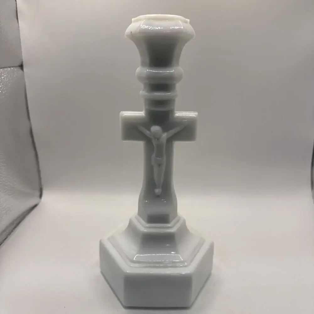 VTG Pressed Milk Glass, Crucifix Candlestick Holder 6 Sided Base *